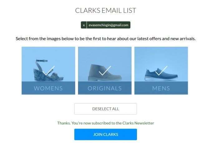 Clarks визуализированный выбор категории подписки на рассылку